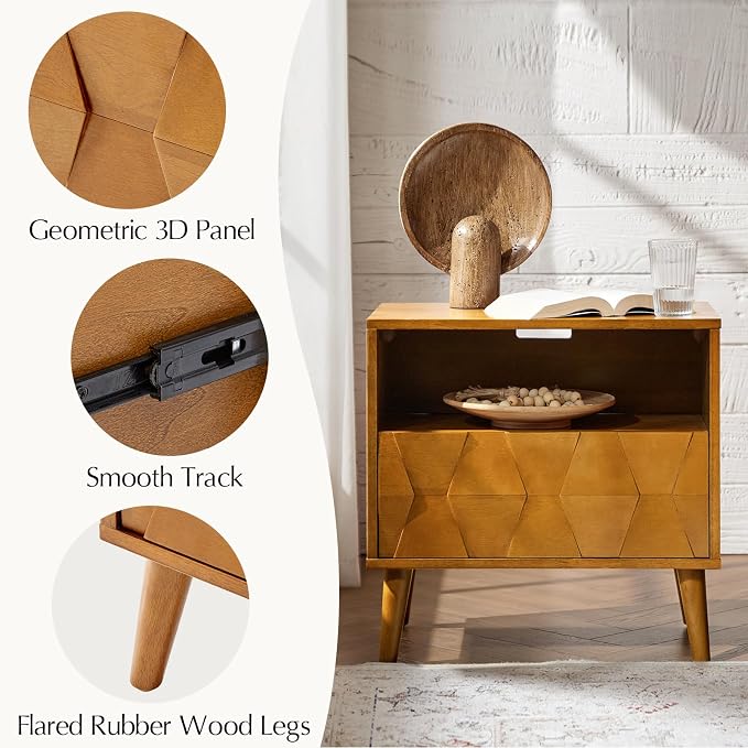 HULALA HOME Wood Nightstand with 1 Drawer & Open Shelf, Mid Century Modern Nightstand with Charging Station, Geometric Pattern Bedside Table for Bedroom, Acorn - Image 5