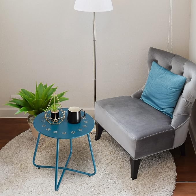 danpinera Outdoor Side Tables with Flower Cut Outs, Weather Resistant Steel Patio Side Table, Small Round Outdoor End Table Metal Side Table for Patio Yard Balcony Garden Navy Blue - Image 8