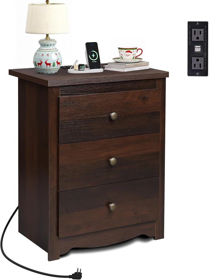 WLIVE Tall Nightstand with Charging Station, Wood Night Stand with 3 Drawers Storage, Bedside Table End Side Tables with 2 USB Ports and Outlets for Bedroom, Closet, Espresso - Image 8