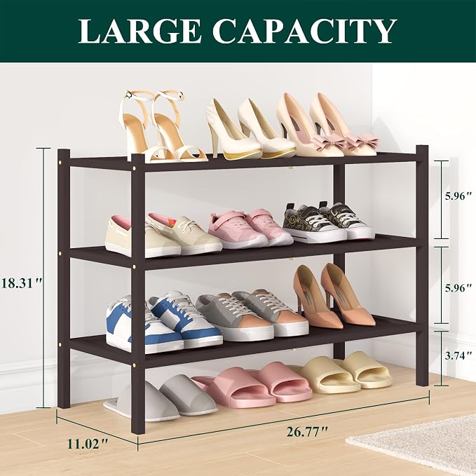 Smiry Bamboo Shoe Rack, 3 Tier Shoe Organizer for Entryway & Closet, Stackable Free Standing Storage Shelf for Shoes, Bags & Plants, Brown - Image 2