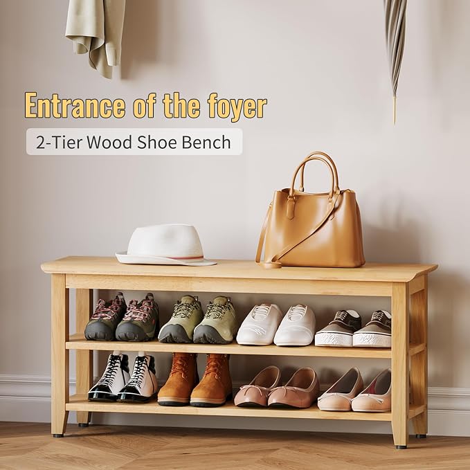 Wood Shoe Bench for Entryway,Bench with Shoe Rack,Storage Shoe Organizer for Hallway,Living Room,Bedroom (Natural, 39.37''W×11.81‘’D×17.71‘’H) - Image 3