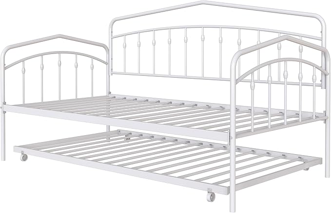 GDFStudio Twin Daybed with Trundle,Metal Sofa Bed Set,Rollaway Daybed Couch Bed Frame for Bedroom Living Room Guest Room White