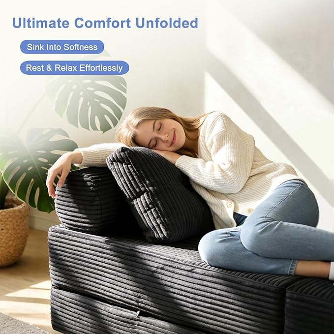 ANONER Folding Sofa Bed, Sectional Couches with Deep Seat and Pillow, Futon Floor Couch, Versatile Convertible Sleeper Chair, Boneless Chaise Lounge, Fold Out Chair Bed for Living Room, Dark Grey