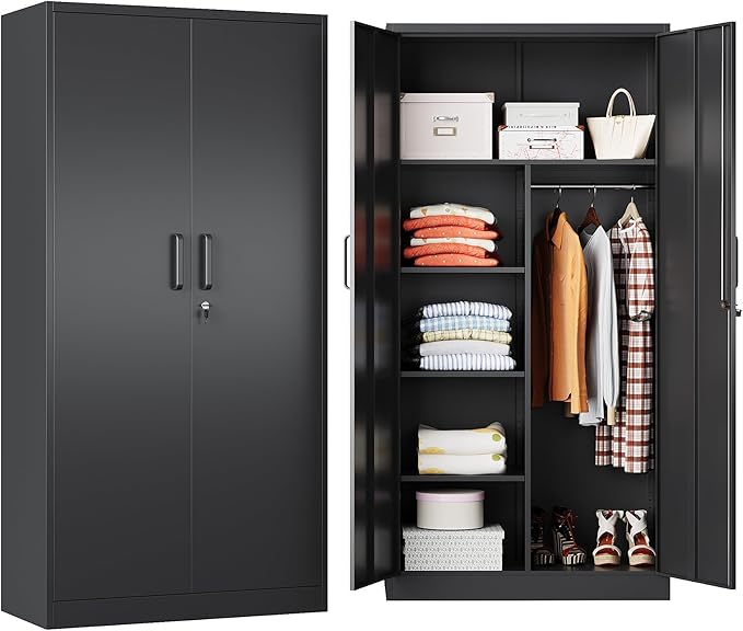 Metal Armoire Wardrobe Closet,72" Metal Storage Cabinet with Lock, 18" D x 36" W Broom Closet with Adjustable Shelves and Hanging Rods, Steel Wardrobe for Home,Bedroom,Office,Employee