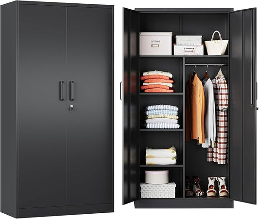 Metal Armoire Wardrobe Closet,72" Metal Storage Cabinet with Lock, 18" D x 36" W Broom Closet with Adjustable Shelves and Hanging Rods, Steel Wardrobe for Home,Bedroom,Office,Employee