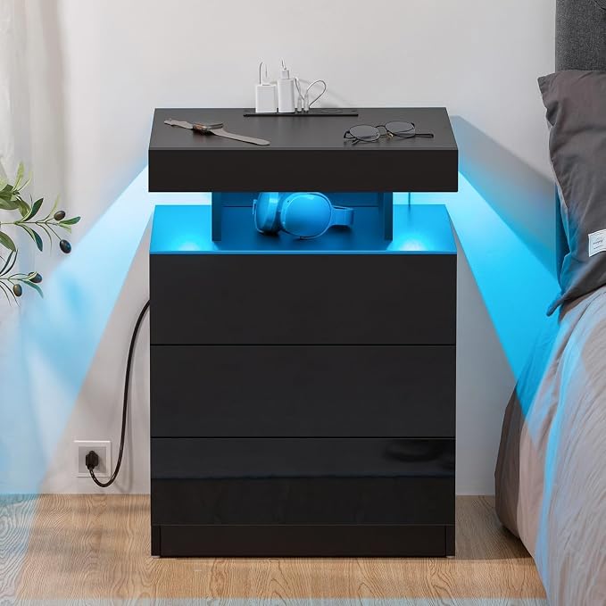 HOMMPA Nightstand with Charging Station and LED Light, Smart Nightstand with USB Port & Wireless Charging, Modern Night Stand with 3 Drawer, Black Beside Table with High Gloss Surface for Bedroom - Image 7