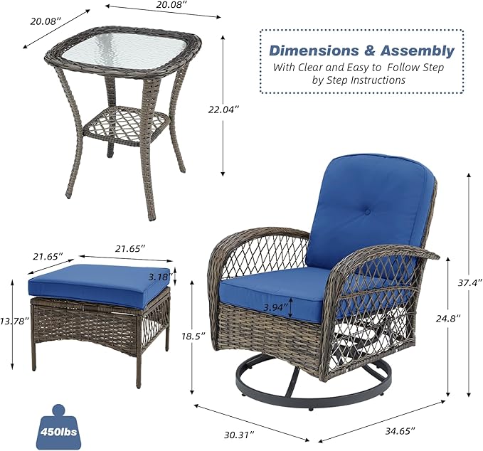 EROMMY 3 Pieces Outdoor Swivel Rocker Patio Chairs, 360 Degree Rocking Patio Conversation Set with Thickened Cushions and Glass Coffee Table for Backyard, Navy Blue