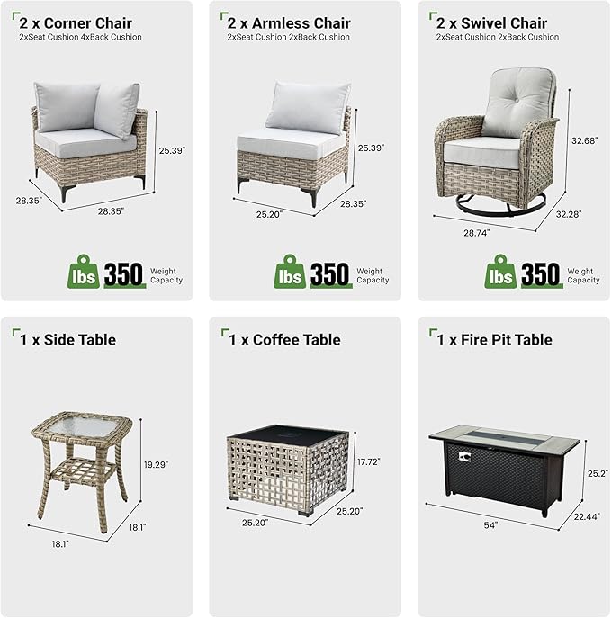 9 Pcs Patio Furniture with Fire Pit Table, Outdoor Rattan Wicker Conversation Set with Glowing Coffee Table, Comfy Sectional Sofa for Porch Balcony Backyard Pool, Light Grey