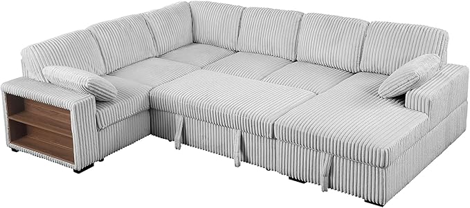Eafurn Oversized U Shaped Convertible Sleeper Sectional Sofa w/Pull Out Couch Bed, 6 Seater Corduroy Upholstered Corner Lounge Sofa Couch Sleeper Sofabed w/Storage Chaise,Shelves