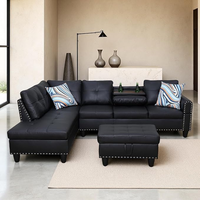 Sectional Couches for Living Room, Convertible 4 Seat Modular Sectional Sofa Set for Living Room, L Shaped Couch or U Shaped Couch with Storage Ottoman for Apartment, Leather Black