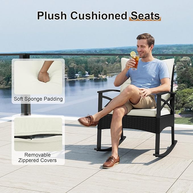Tangkula 3 Pieces Outdoor Rocking Chairs Set, Rattan Heavy Duty Cushioned Rocker Chairs with 2-Tier Tempered Glass Coffee Table, for Garden, Balcony, Backyard (Black+Beige) - Image 5