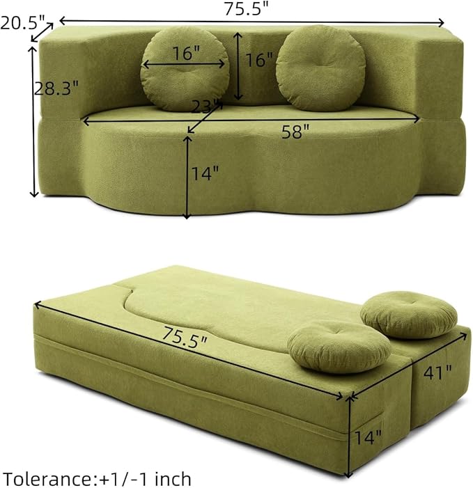 KEIKI 2-in-1 Folding Sofa Bed with Pillow, Queen Sleeper Sofa, Floor & Futon Loveseat Couch, Foam Folding Mattress for Living Room, Guest Use, Office, Apartment, No Assembly Required, Green