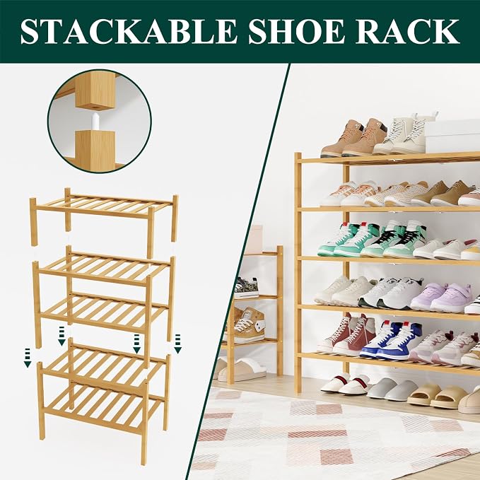 Smiry Shoe Rack, 6 Tier Long Bamboo Shoe Organizer, Stackable Free Standing Wooden Shoe Storage Shelf for Closet, Entryway, Front Door Entrance, Natural - Image 4
