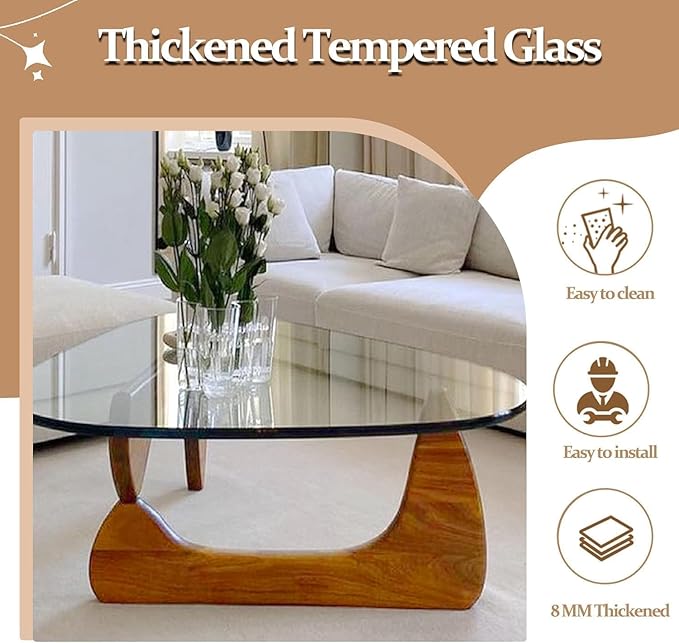 Modern Glass Coffee Table for Living Room, Small Coffee Tables,Mid Century Coffee Table, Funky Minimalist Center Table for Bedroom Reception Office (Walnut Transparent, 31.5in) 1