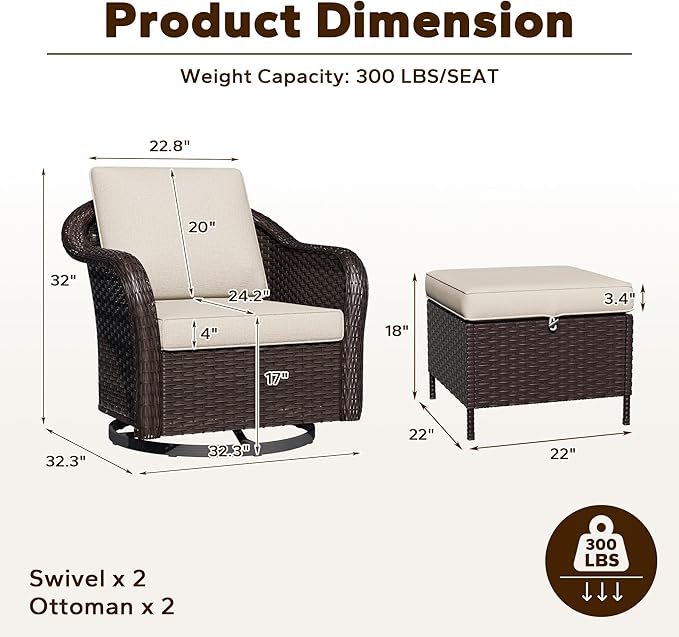 4 Piece Patio Wicker Conversation Set, 2 All-Weather Use Outdoor Wicker Swivel Chairs with 2 PE Rattan Ottomans,Ideal for Porch, Backyard, Balcony, Poolside, Beige