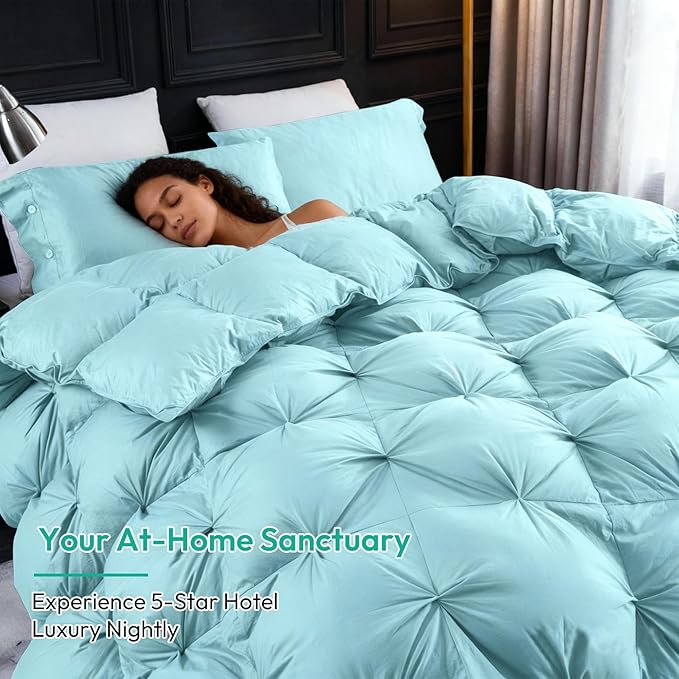 Three Geese Pinch Pleat Waterfowl Feathers and Down Comforter King Size Duvet Insert,750+ Fill Power,1200TC 100% Cotton, Premium All Seasons Aqua-Sky Warm Hotel Comforter with 8 Tabs.