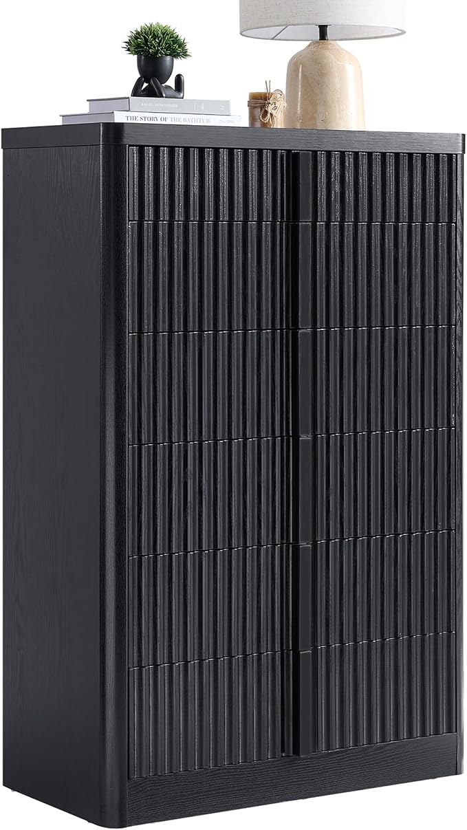 YANSNWO Black Fluted Dresser for Bedroom, 48.6" Tall 6 Drawer Dresser, Curved Profile Design, Modern Wooden Chest of Drawers with Solid Wood Handle for Living Room, Bedroom by YANSNWO