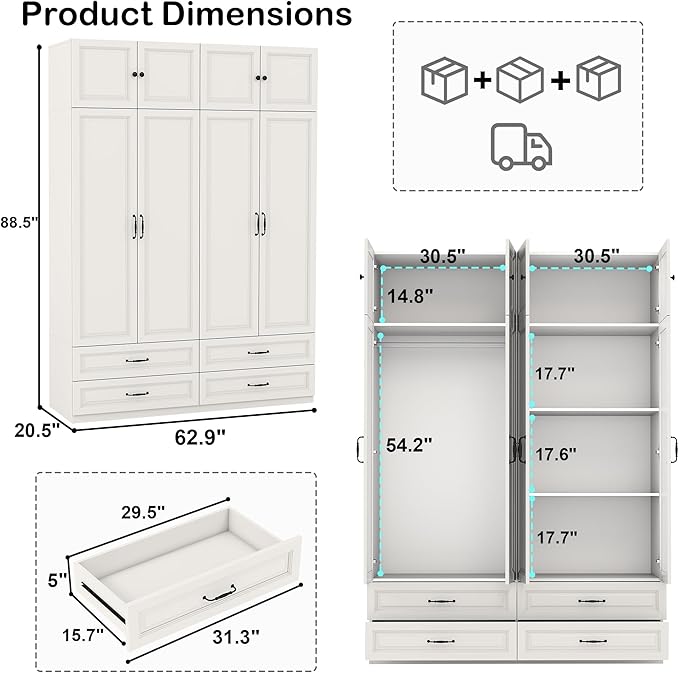 Armoire Wardrobe Closet with Doors: 89" Extra Tall White Wardrobe with Storage on Top, Bedroom Armoires with 4 Doors and 4 Drawers, Large Wood Closet Armoire for Hanging Clothes (B, 63")