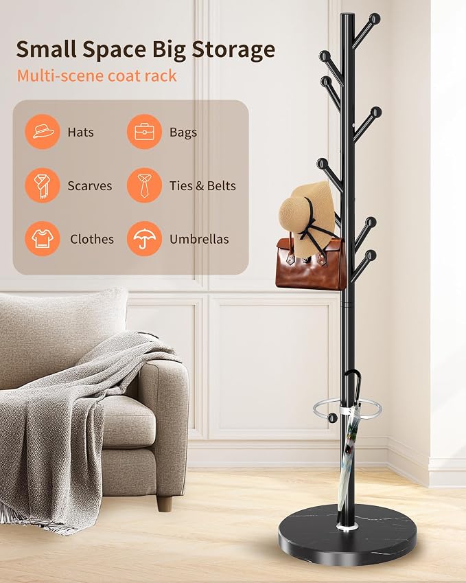 ZOZOE Metal Coat Rack Stand, Modern Coat Rack Freestanding with Natural Marble Base, Sturdy Industrial Coat Racks with 8 Hooks & Umbrella Holder,Black Coat Tree Hanger Stand for Entryway,Office - Image 5