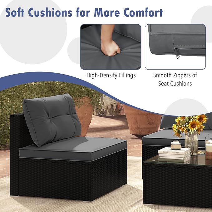 Tangkula 5 Piece Rattan Sofa Set, Outdoor Wicker Furniture Set w/Seat & Back Cushions, Square Coffee Table, Patio Sectional Sofa Set for Backyard, Poolside, Garden (Grey)