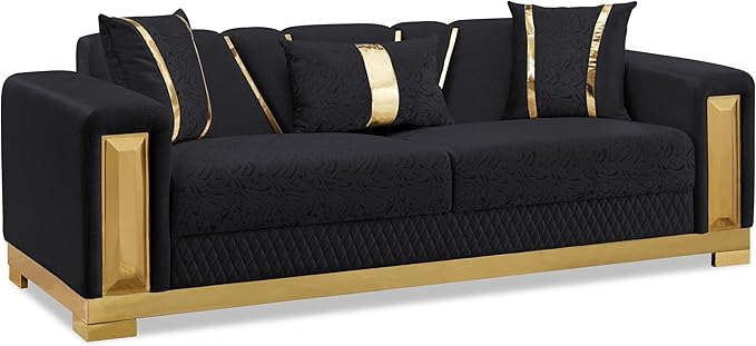 Furniture of America Samison II Glam Solid Wood Upholstered Couch with Accent Pillows, Damask Pattern and Gold Base, Comfortable Sofa for Living Room, Bedroom, Office, Black