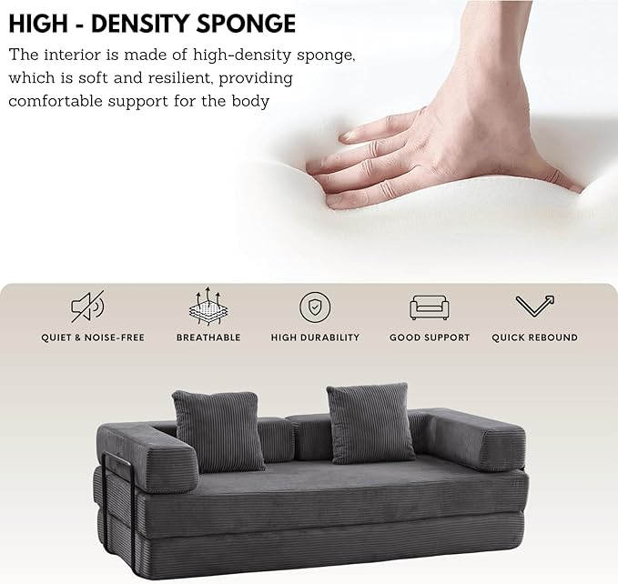 4-in-1 Folding Convertible Sofa Bed, 77" Floor Couch with Pillow - Corduroy Fabric & High-Density Sponge & Fixed-Shape Frame, Modular Sofa for Living Room/Lounge/Studio, Dark Grey