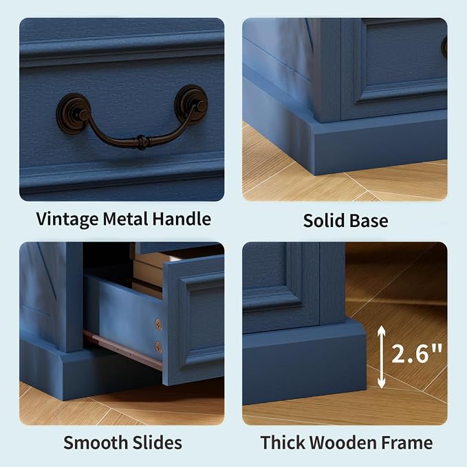 Vipbear 22" Nightstand with Charging Station 3 Drawer Large Blue Farmhouse Night Stand Wood Rustic Bedside End Table with Vintage Smile Handles Storage Space for Bedroom,Closet - Image 4