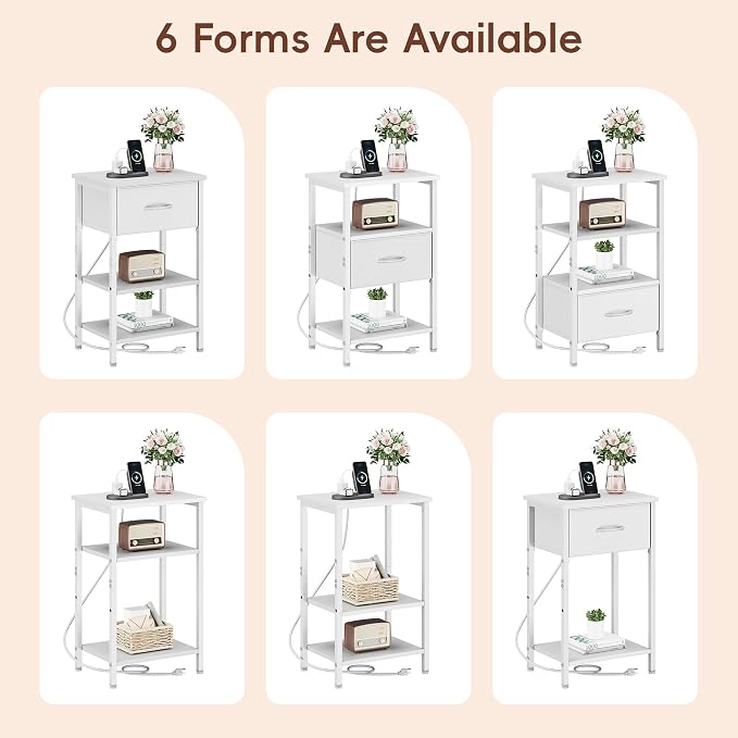 Vagusicc Night Stand Set 2, White Nightstand with Charging Station, Bed Side Table with Drawer, End Table with Storage Shelf for Living Room, Tall Bedside Table, White Night Stand for Bedroom - Image 4