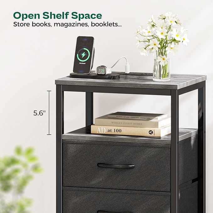 Huuger Night Stand with Charging Station, 4 Drawer Dresser for Bedroom, Bedside Table, 33.9 Inch Tall Nightstand with Open Shelf, End Table, for Closet, Entryway, Bedroooom, Gray - Image 3