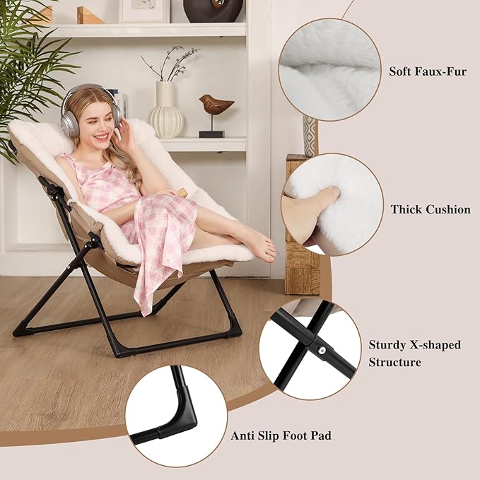 Comfy Saucer Chair for Adults, Soft Faux Fur Bedroom Chair, Accent Dorm Chairs, Flexible Living Room Reading Chairs, Oversized Folding Seat for Teens, X-Large, White