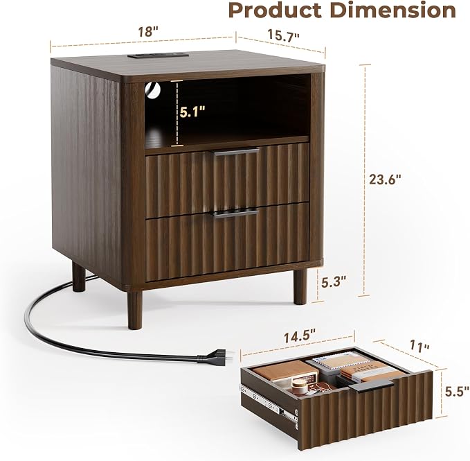 Fluted Nightstand with Charging Station, 2 Drawers Storage Bedside Table, Solid Wood Modern Nightstand with Open Shelf, Curved Profile Design, End Table for Indoor Room Bedroom Office, Walnut - Image 2