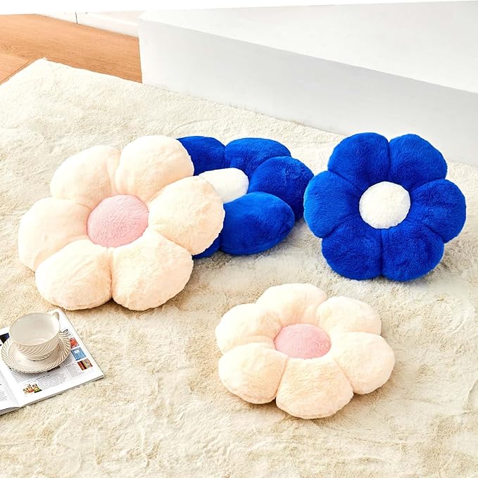 Kcvvcr Beige Flower Pillow, Cute Decorative Flower Shaped Throw Pillow with Faux Rabbit Fur, 14.9" Soft Daisy Plush Floor Cushion Aesthetic Room Decor for Bed Sofa Couch
