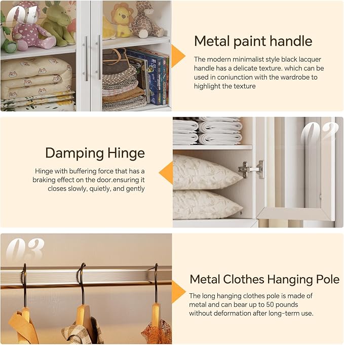PAKASEPT Armoire Wardrobe Closet Door, Bedroom Closet Wardrobe Cabinet with Hanging Rod, Lighted Freestanding Armoire Storage Cabinet for Bedroom Cloakroom White (White&Full Glass Door)