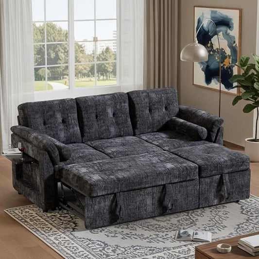 Convertible Queen Sofa Bed, 63 Inch Chenille Pull Out Couch with Side Table, 3 Seat Pull Out Sofa Bed with Level Adjustable Backrest, Comfy Sleeper Sofas for Living Room, Apartment, Black