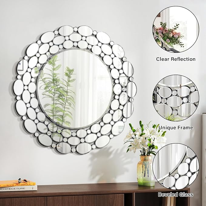 32" Large Round Wall Mirrors, Modern Silver Mirror for Wall Decor, Elegant Decorative Mirror for Entryway, Living Room, Bedroom, Bathroom, Dining Room - Image 3