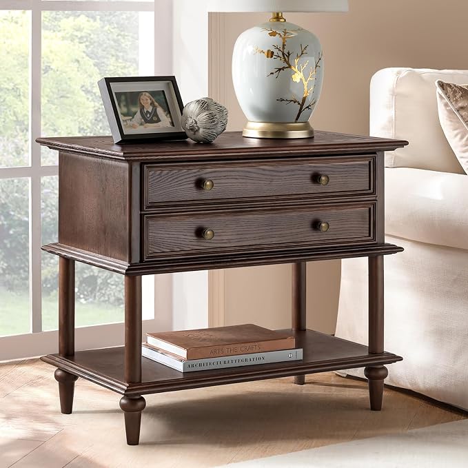 HULALA HOME Farmhouse Nightstand with Drawer & Open Shelf, Natural Wood End Table with Solid Wood Legs, 28.4'' Wide Sofa Side Table with Charging Station(Walnut) - Image 9