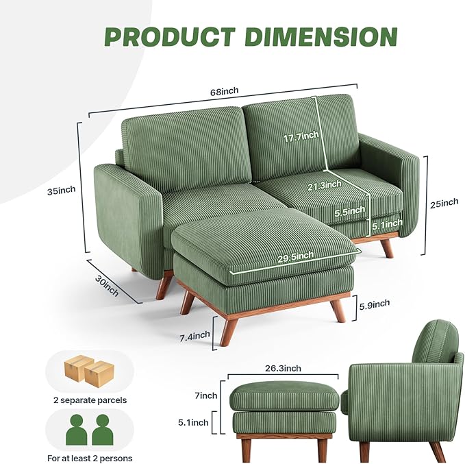 Vesgantti 68" Loveseat Sofa with Movable Ottoman, Comfy Corduroy Couch with Spring Cushion, Sofa Couch with Solid Wood, Modern Office Sofa with Deep Seat for Living Room and Bedroom, Green
