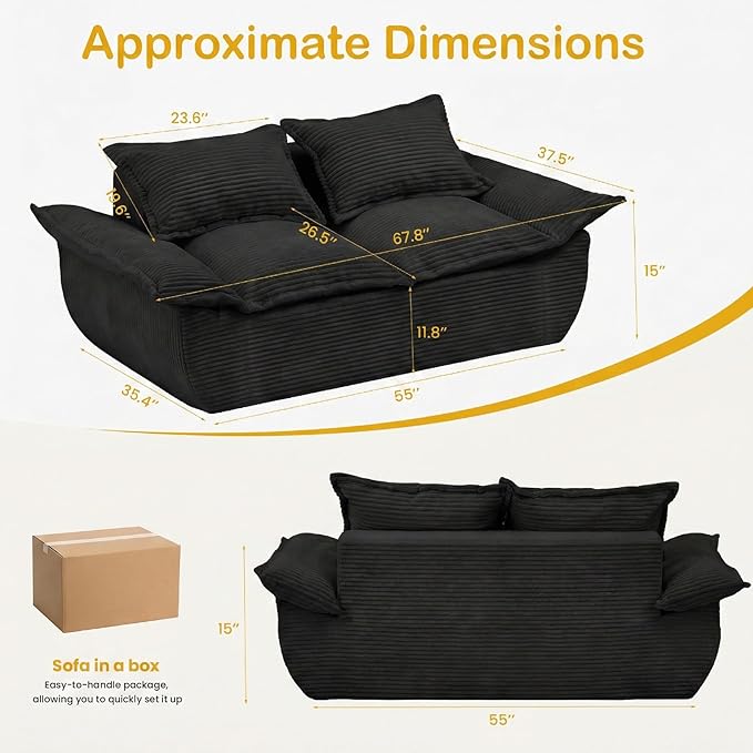 59" Boneless Loveseat Sofa, 2-Seater Black Boneless Sofa with Removable Cushions & 2 Pillows, Small Couch Boneless Compress Foam Sofa for Living Room, Apartments, & Office