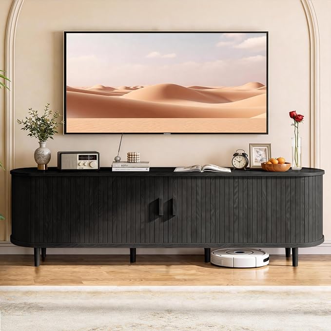 70" Mid Century Modern TV Stand with Power Outlet, Fluted Entertainment Center with Storage and Adjustable Shelves, Wood TV Console with Sliding Doors for Living Room, Black - Image 2