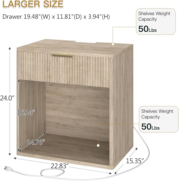 EROMMY Fluted Nightstand with Charging Station, 23” Wide Modern Bedside Table with Drawer, Mid Century Nightstand End Table for Bedroom, Natural Oak - Image 3