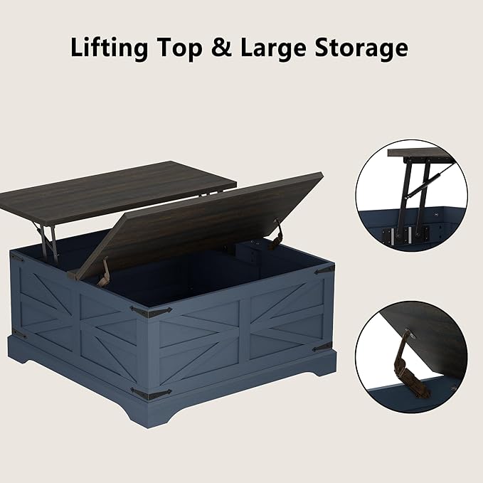 Furnideco 35.5''W Square Coffee Table Farmhouse Lift top Coffee Table with Large Hidden Storage, Wood Center Table for Living Room, Home Office, Blue