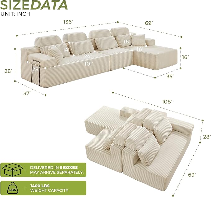 136" L-Shaped Cloud Modular Sectional Sofa with Chaise & Headrest, Boneless Deep Seat Plush Corduroy Couches for Large Living Room, No Assembly Required (White, 136" L-shapred Chaise)