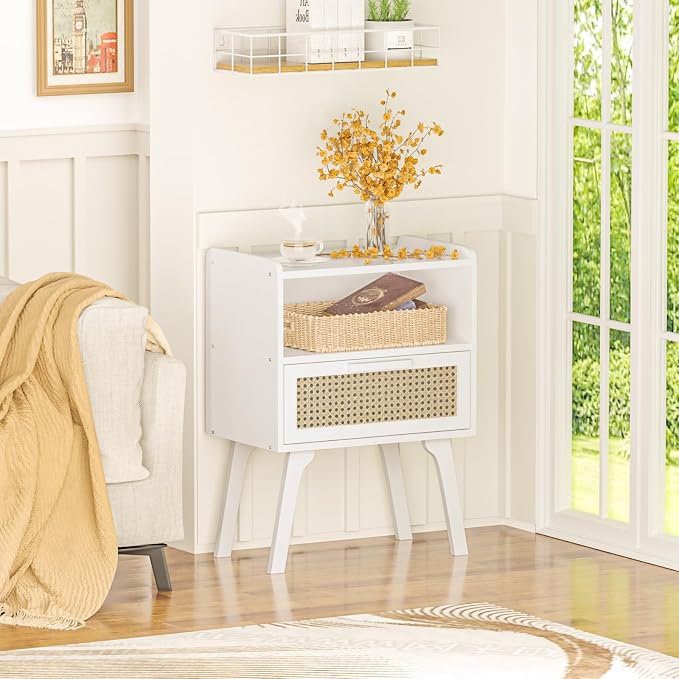 Lerliuo Rattan Nightstands Set of 2, Bedside Table with Drawer Open Shelf, Cane Accent Side End Table with Solid Wood Legs, White Mid Century Night Stand for Bedroom, Dorm and Small Spaces - Image 7