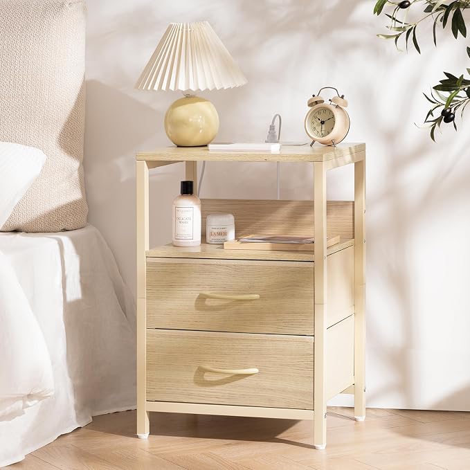 Yoobure Nightstand with Charging Station, Small Night Stand with Fabric Drawers and Storage Shelf for Bedrooms, Nightstands for Small Spaces, Bedside Table with USB Ports & Outlets, Bed Side Table - Image 8