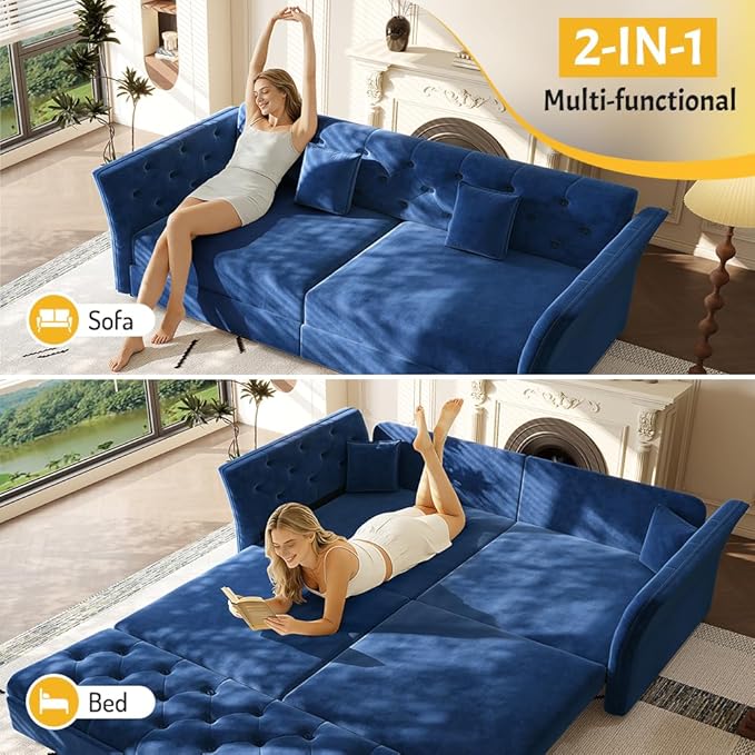 ERYE 3-in-1 Foldable Sleeper Sofa Bed Velvet Fabric Loveseat Sofabed, 74-Inch Queen Loveseat Convertible Pull Out Sleeper Couch Bed with Flower Tufted Accent, Easy Assemble