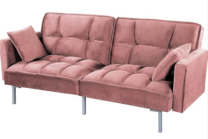 Regal 75.6" Velvet Convertible Sofa Bed - Mid-Century Sleeper Couch w/Tufted Design & Metal Legs - Pull-Out Futon for Guests/Home (75.6" W x 34.6" D x 32" H), Rose
