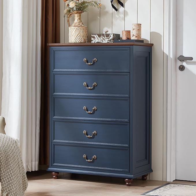Joaxswe 24" Wide Farmhouse Nightstand Set of 2, 45" Tall Rustic Chests of 5 Drawers w/ 4 Solid Wood Feet, Farmhouse Furniture Series for Living Room,Bedroom,DarkBlue