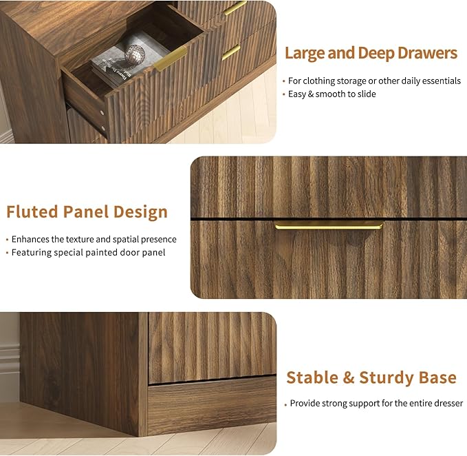 Dresser for Bedroom Set of 2, Long Dresser with 18 Drawers, Fluted Modern Bedroom Furniture Set, TV Stand Dressers & Chests of Drawers for Closet, Walnut (15.7" D x 125.8" W x 31.8" H)