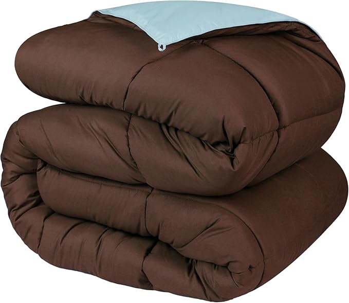Superior Brushed Microfiber Comforter, Down Alternative Bedding, Medium Weight, Soft Bed Cover, Plush Duvet Insert, Oversized Blanket, Box Quilt, Reversible Comforter, Twin, Choco-Sky Blue