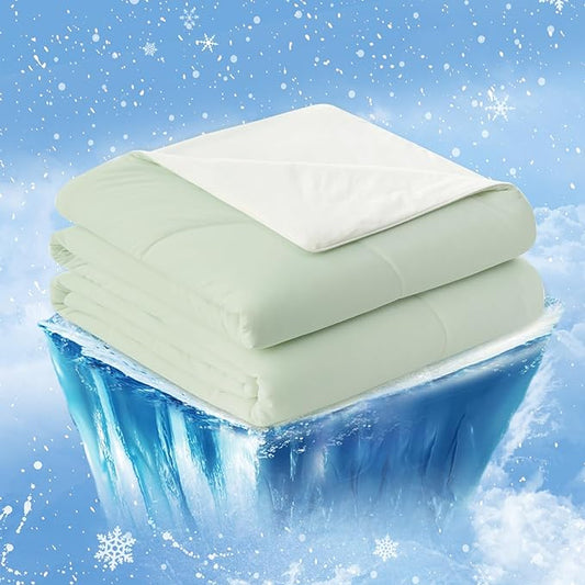 Cozy Bliss Cooling Comforter Queen Size, Cooling Blankets for Hot Sleepers and Night Sweats, Light Mint Green Cream Summer Comforter for Queen Size Bed, Breathable Soft Lightweight Silk Smooth